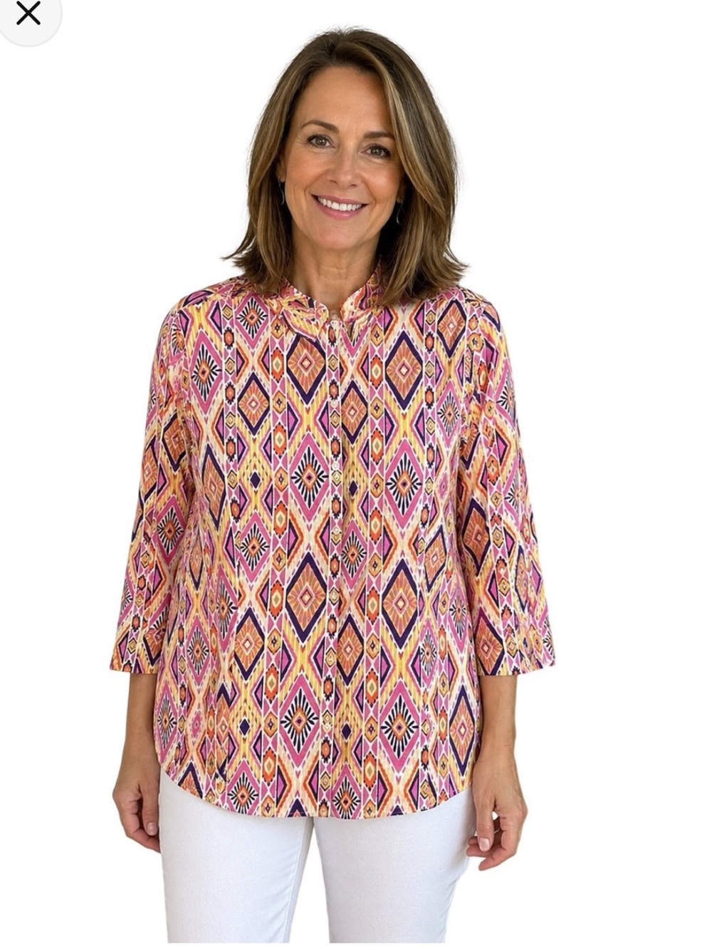 Chico's No iron linen 3/4 sleeve Geometric Button-Front Shirt size M